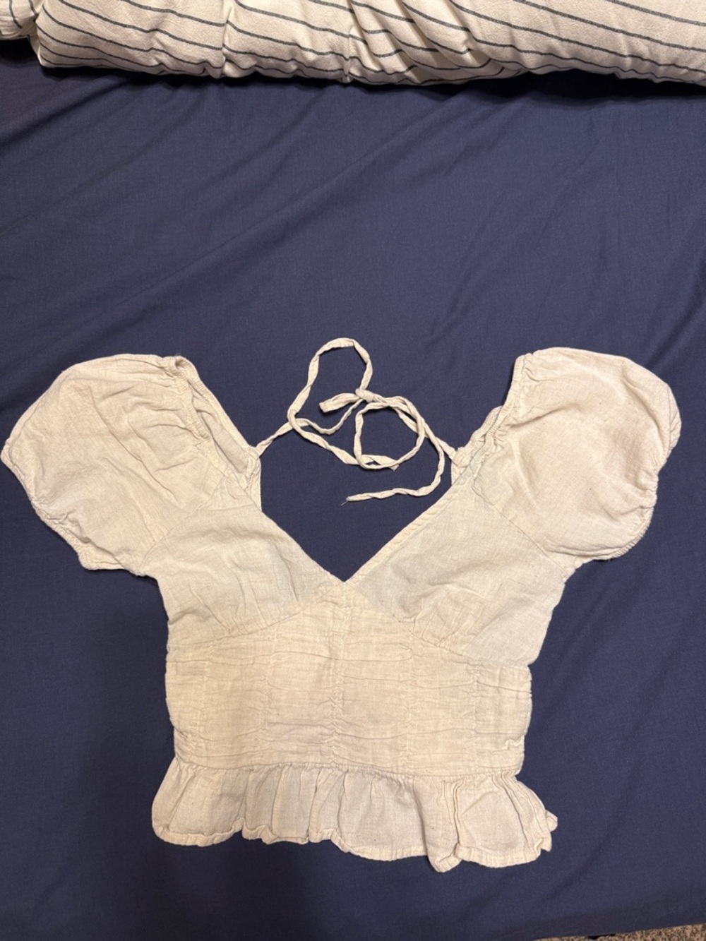 Light Beige Smocked Ruffle Crop Top Linen